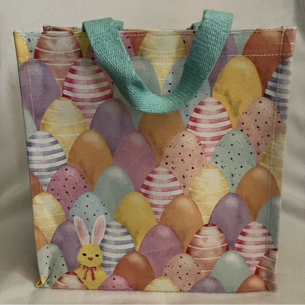 Easter Egg & Chick Pattern Cotton Canvas Reusable Tote Gift Bag - Pastel Colors